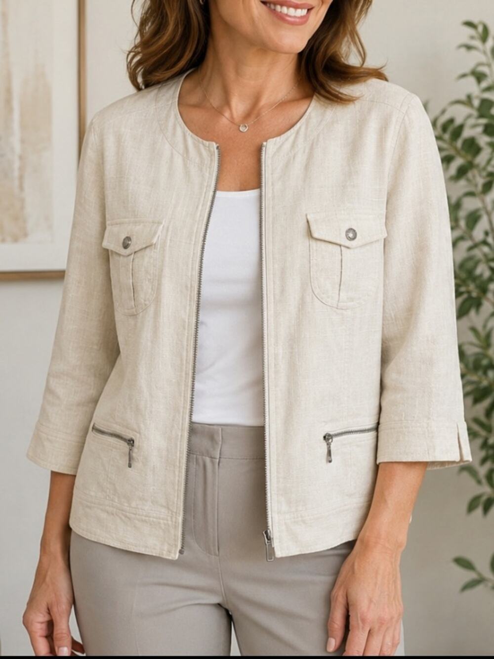 NWT 212 Collection Linen Blend Zip Front Utility Jacket Bone White Ivory Large